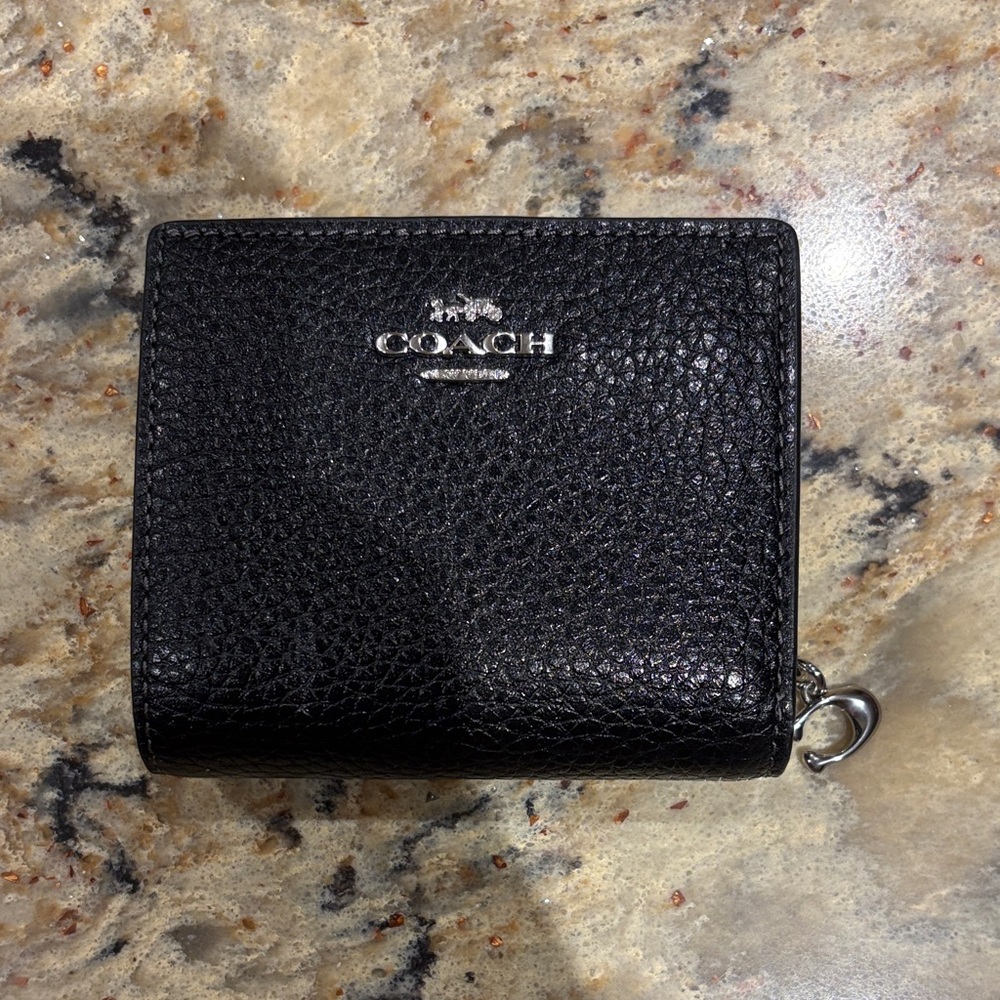 Coach Black Pebbled Leather Zip Wallet with Silver Logo